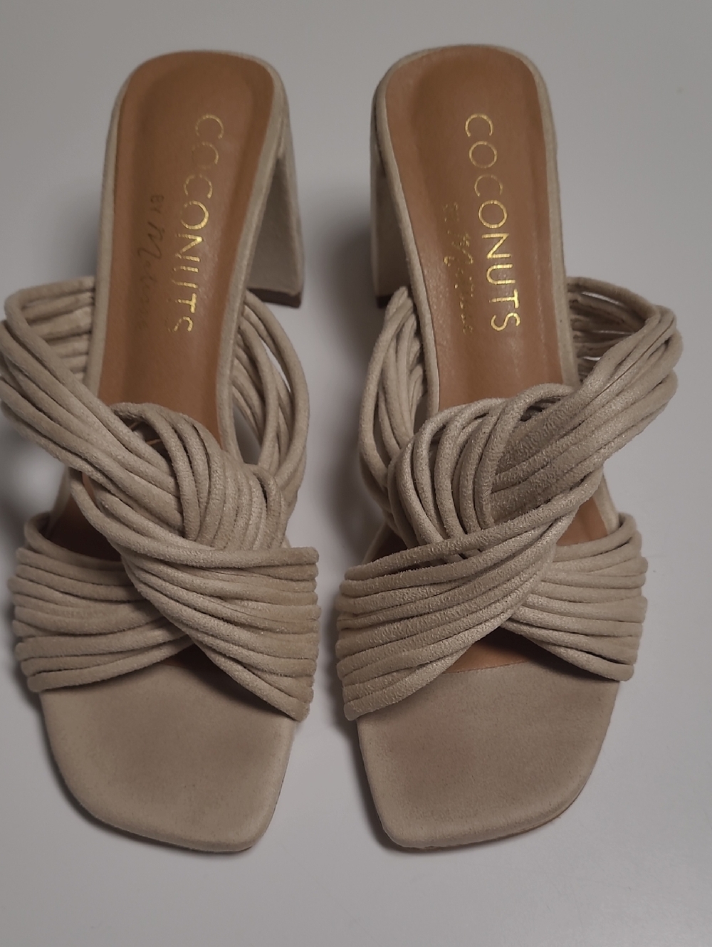 Coconuts by Matisse Roman Taupe Twisted Strap Block Heel Mules - Size 8